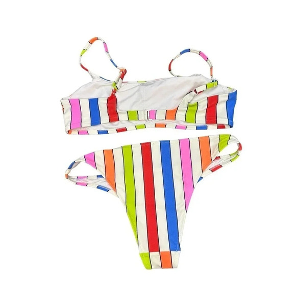Aerie Swim Cheekier Women's Multicolor Striped Shanghai Strap Bikini Set Size L - Picture 3 of 7